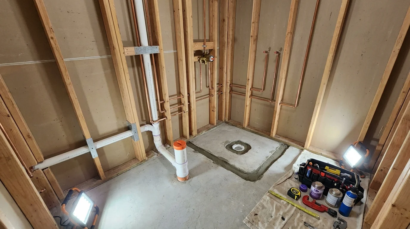Bathroom rough-in plumbing during remodel by Johns Plumbing LLC in Wellsville