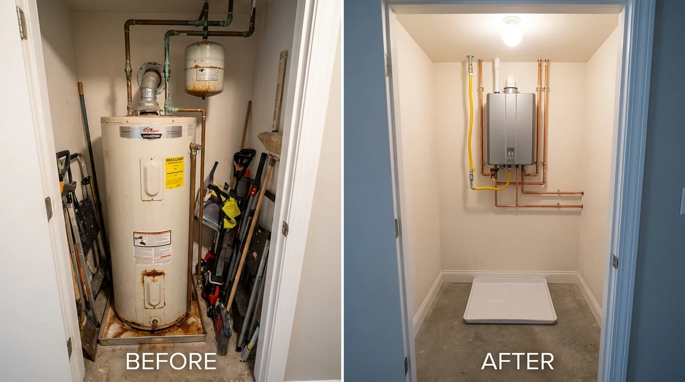 Tank water heater versus wall-mounted tankless unit comparison for Wellsville, KS homeowners