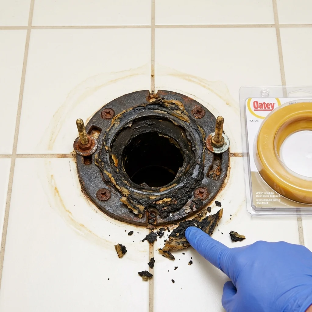 Failed wax ring showing water seepage at the base of a toilet in a Wellsville, KS home