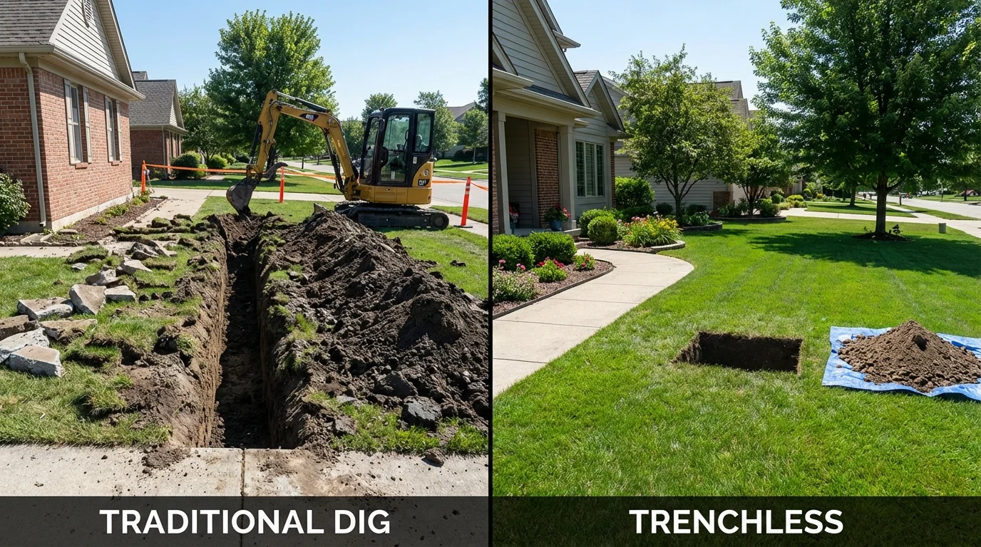 Trenchless sewer repair with minimal yard damage versus traditional excavation in Wellsville, KS