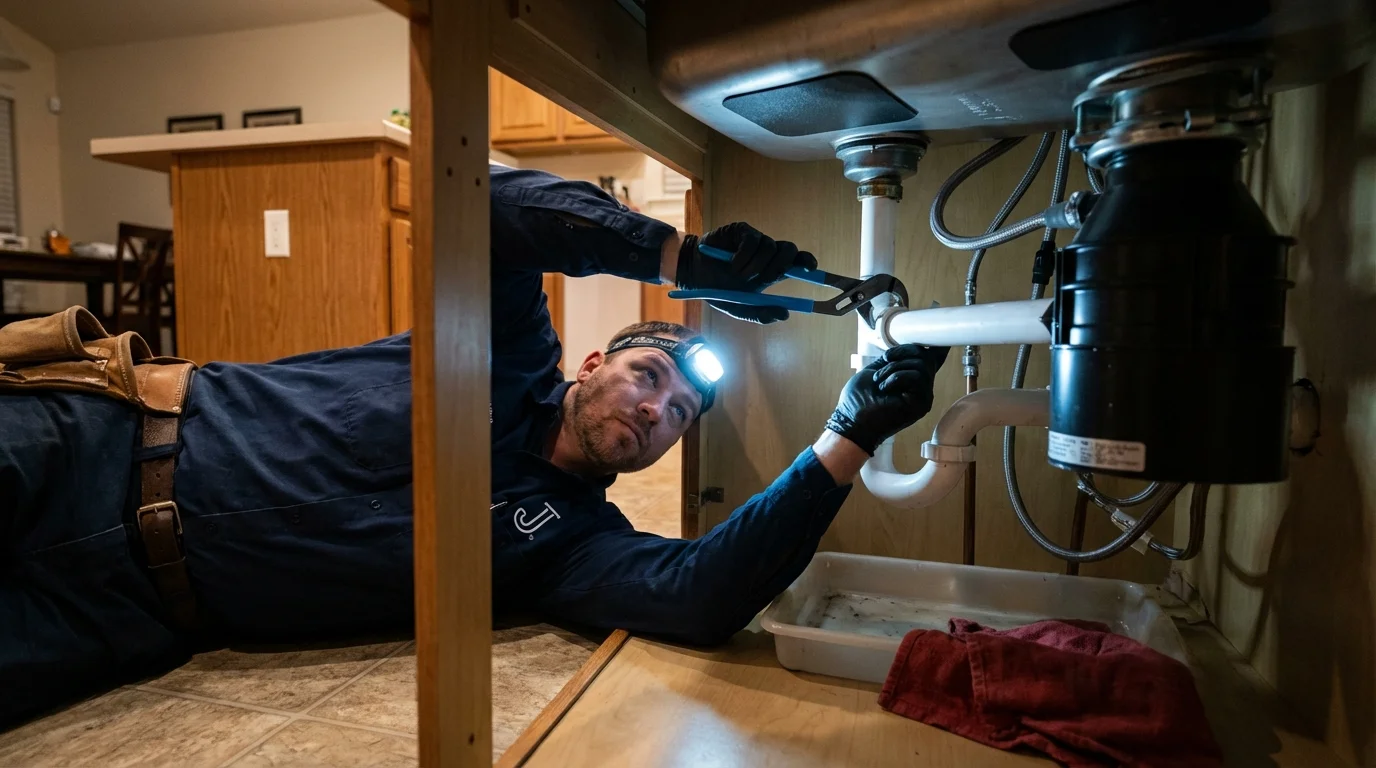 P-trap and supply line connections under a kitchen sink showing a common leak point in Wellsville, KS